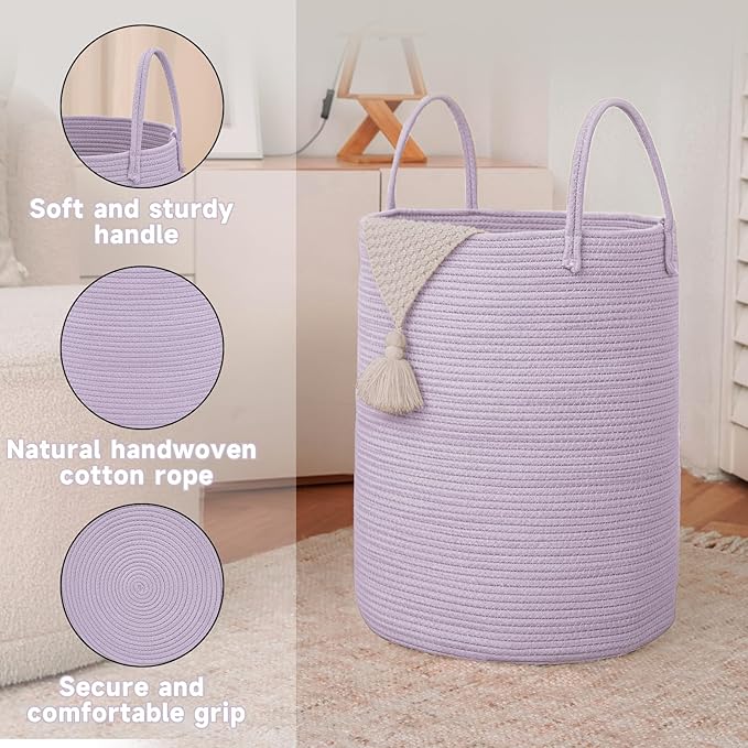 Large Woven Laundry Basket Hamper, 80L Cotton Rope Storage Bin - Image 6