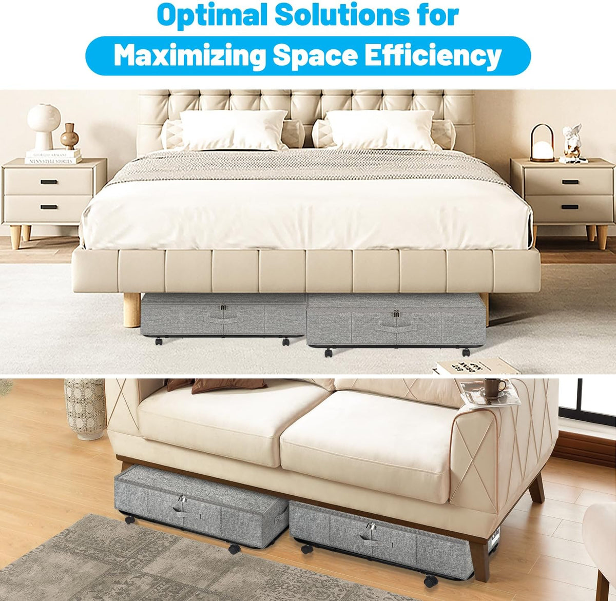 Large Sturdy Under Bed Storage with Wheels, 2 Pack 50L Rolling
