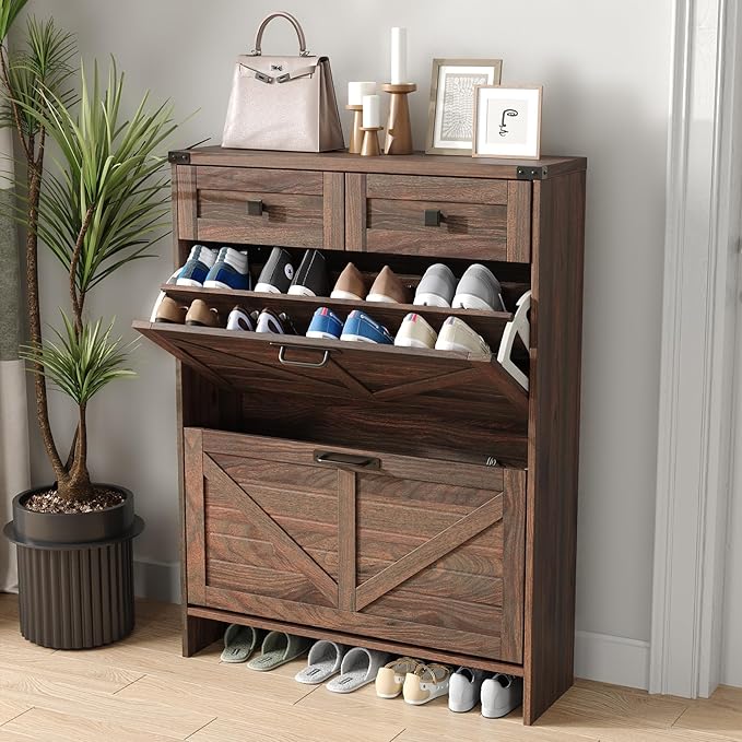 Shoe Cabinet with 2 Flip Drawers & 2 Drawers, Farmhouse Shoe Storage Cabinet by Halitaa