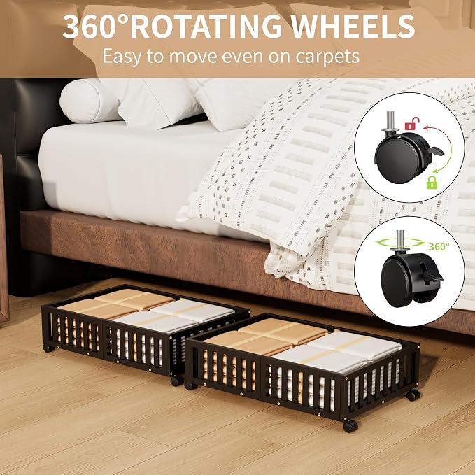 Bamboo Under Bed Storage with Wheels, Rolling Underbed Shoe Organizer Box - Image 7