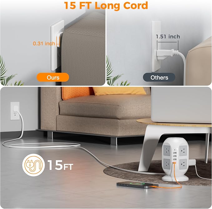 Tower Surge Protector Power Strip 15 ft, TESSAN Long Flat Extension Cord - Image 2