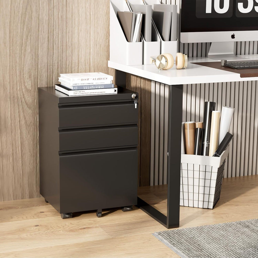 3 Drawer Mobile File Cabinet with Lock, Metal Filing Cabinet on
