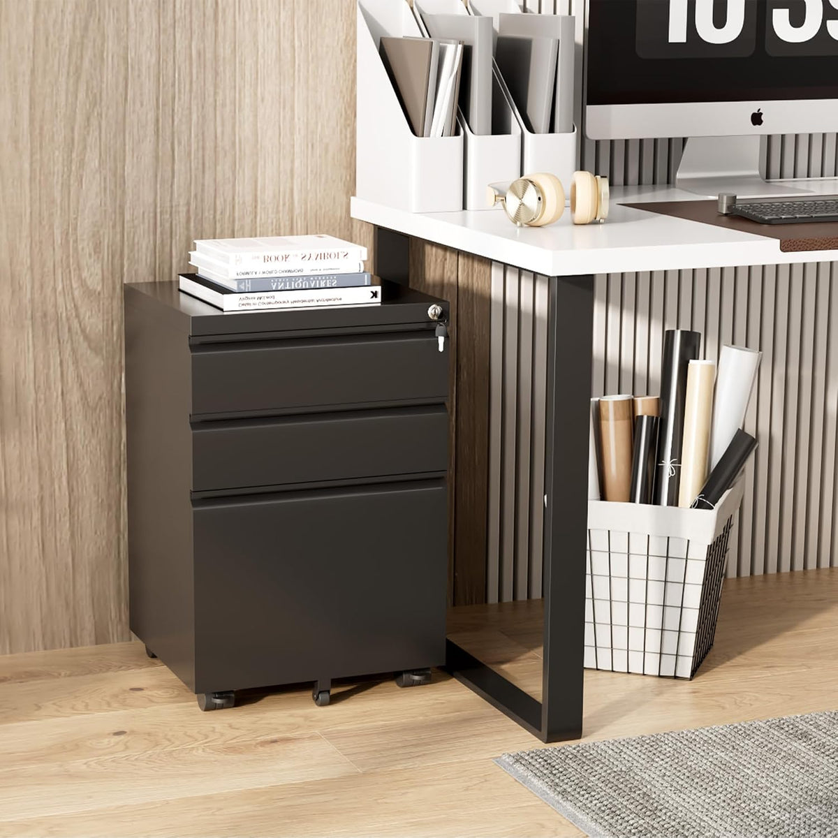 3 Drawer Mobile File Cabinet with Lock, Metal Filing Cabinet on