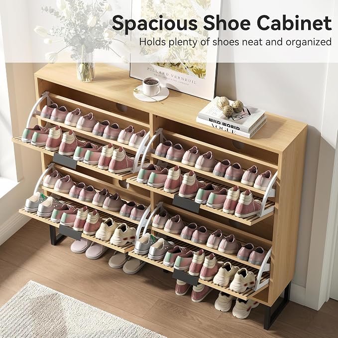 Shoe Cabinet with 4 Flip Drawers Set of 2, Narrow Wood Shoe Cabinet Storage - Image 6