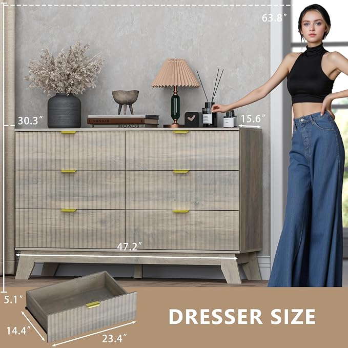 Fluted 6 Drawer Dresser, 47.2" Wide Modern Boho Chest of Drawers, Wooden - Image 2