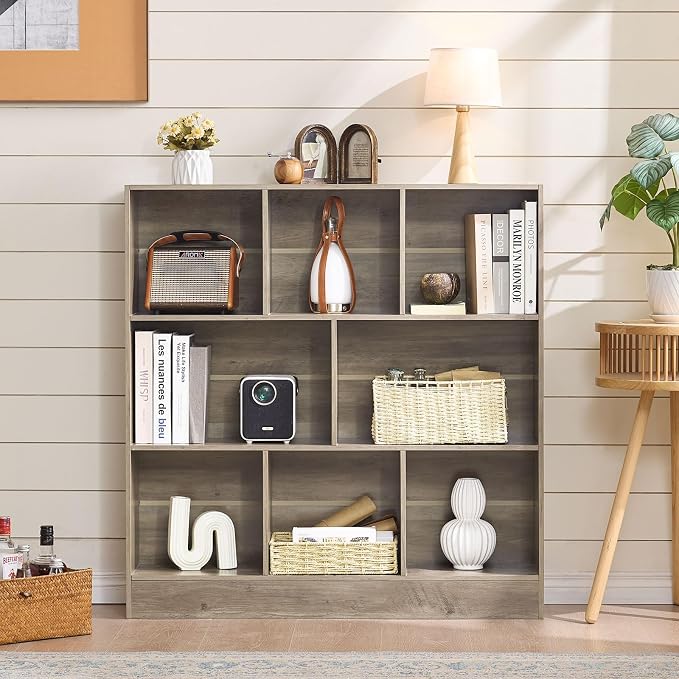 LEYAOYAO 8 Cube Bookshelf with Base, 3 Tier Mid-Century Modern Grey Bookcase - Image 7