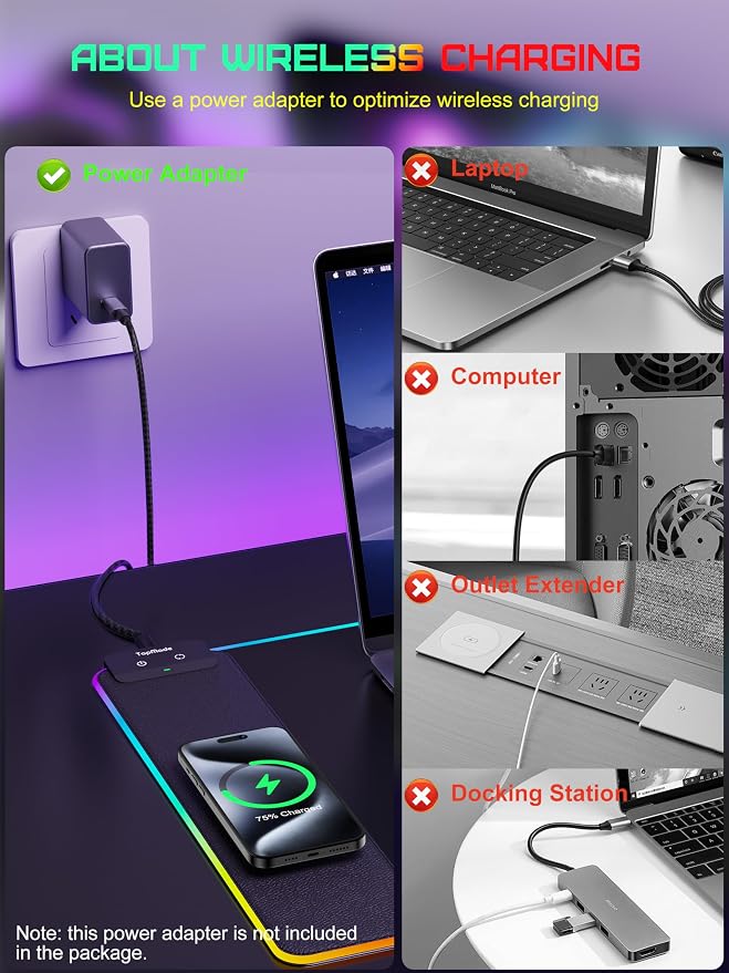 TopMade Mouse Pad with Wireless Charging, 31.5" x 11.81" Large Desk Mat RGB - Image 3