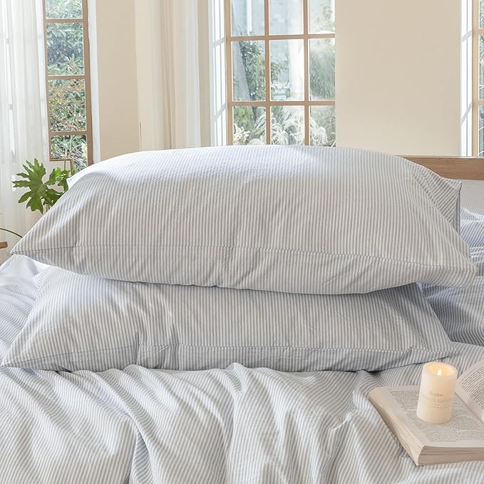 MooMee Bedding Pillowcases Striped Pack of 2 100% Washed Cotton Linen Like by MOOMEE
