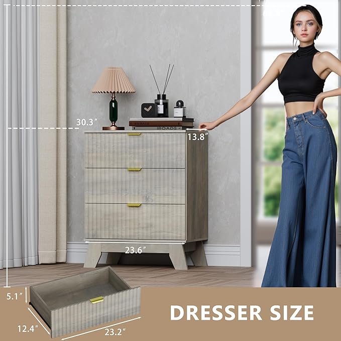 Fluted 3 Drawer Dresser, 30.3" Tall Compact Modern Boho Chest of Drawers - Image 3