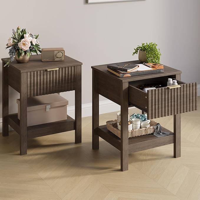 Fluted Night Stand with Golden Handle, Bedside Table with Storage Shelf - Image 7