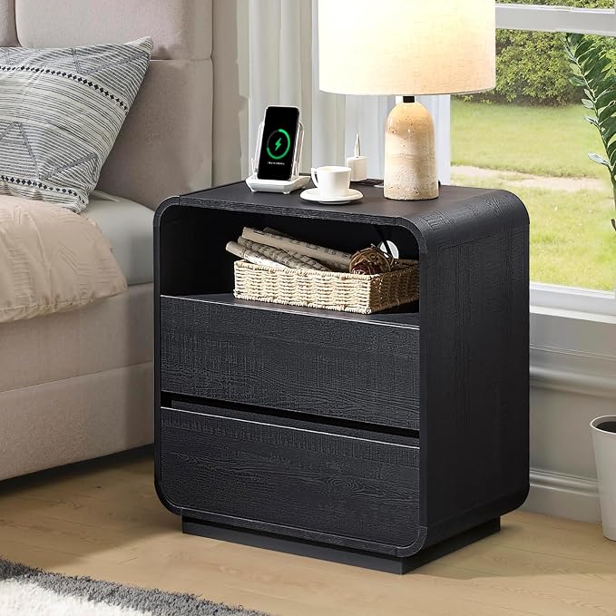 Curved Black Nightstand with Charging Station, Modern Bedside Table with 2 - Image 3