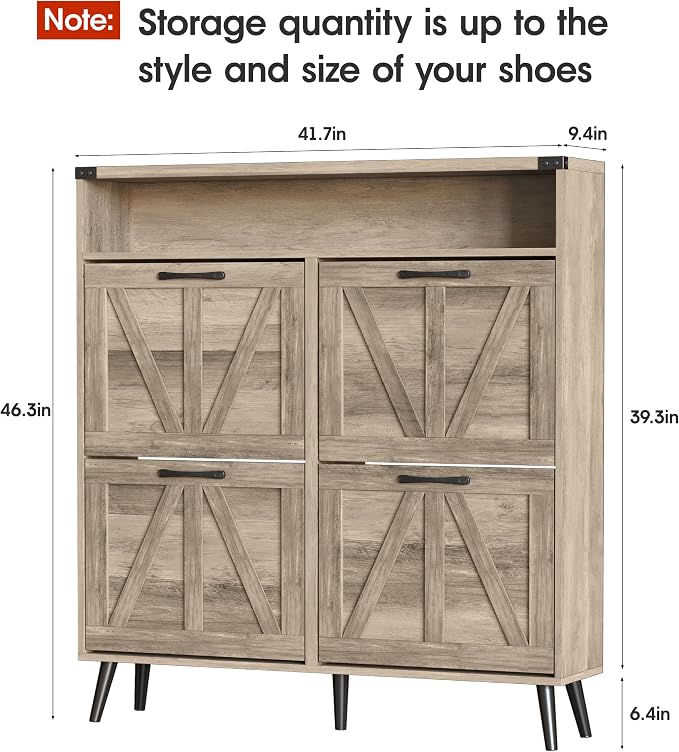 Shoe Cabinet with 4 Flip Drawers, Farmhouse Shoe Storage Cabinet - Image 2