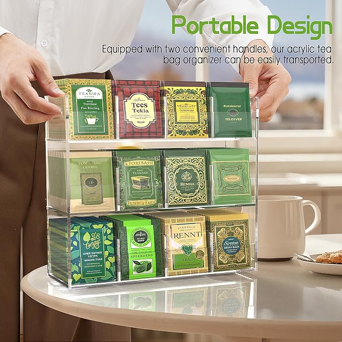 Jumyee 3-Tier Acrylic Tea Bag Organizer & Storage Box, 12 Compartment Portable - Image 6