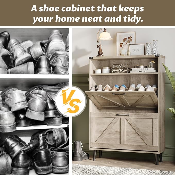 Shoe Cabinet with 2 Flip Drawers & Open Storage, Farmhouse Shoe Storage Cabinet - Image 6
