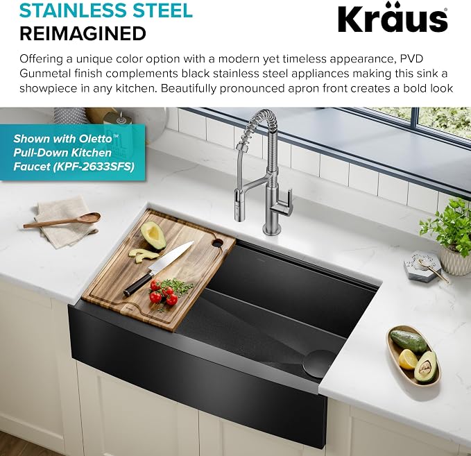 KRAUS Kore Workstation 33-inch Farmhouse Apron Front 16 Gauge Black Stainless - Image 5