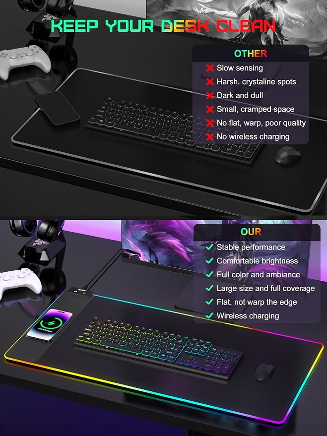 TopMade Mouse Pad with Wireless Charging, 31.5" x 15.75" Large Desk Mat RGB - Image 7