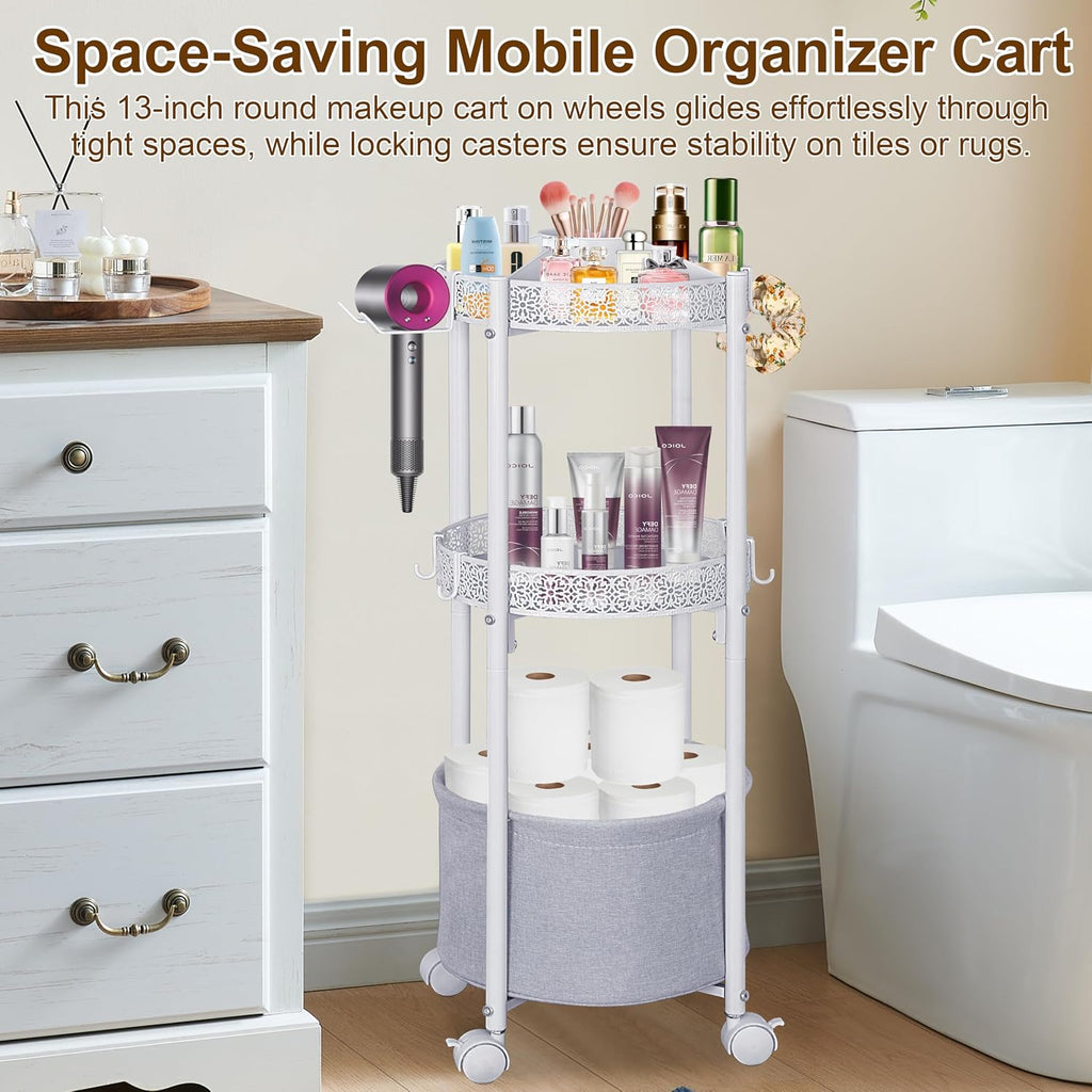 White Round Makeup Cart with Wheels, Rolling Vanity Organizer