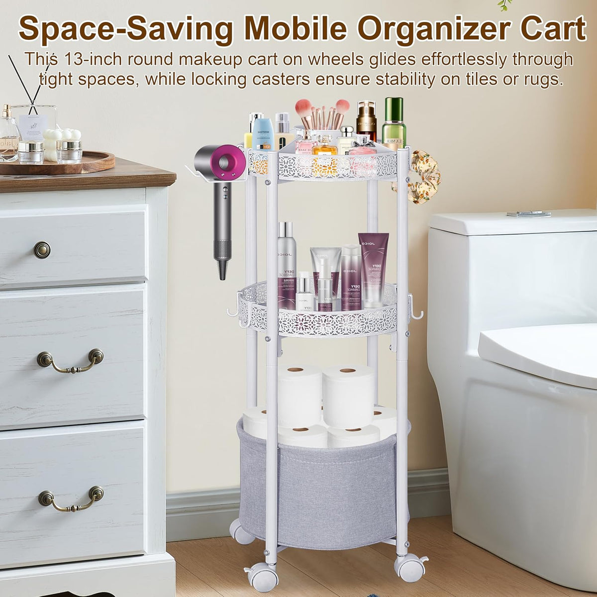 White Round Makeup Cart with Wheels, Rolling Vanity Organizer