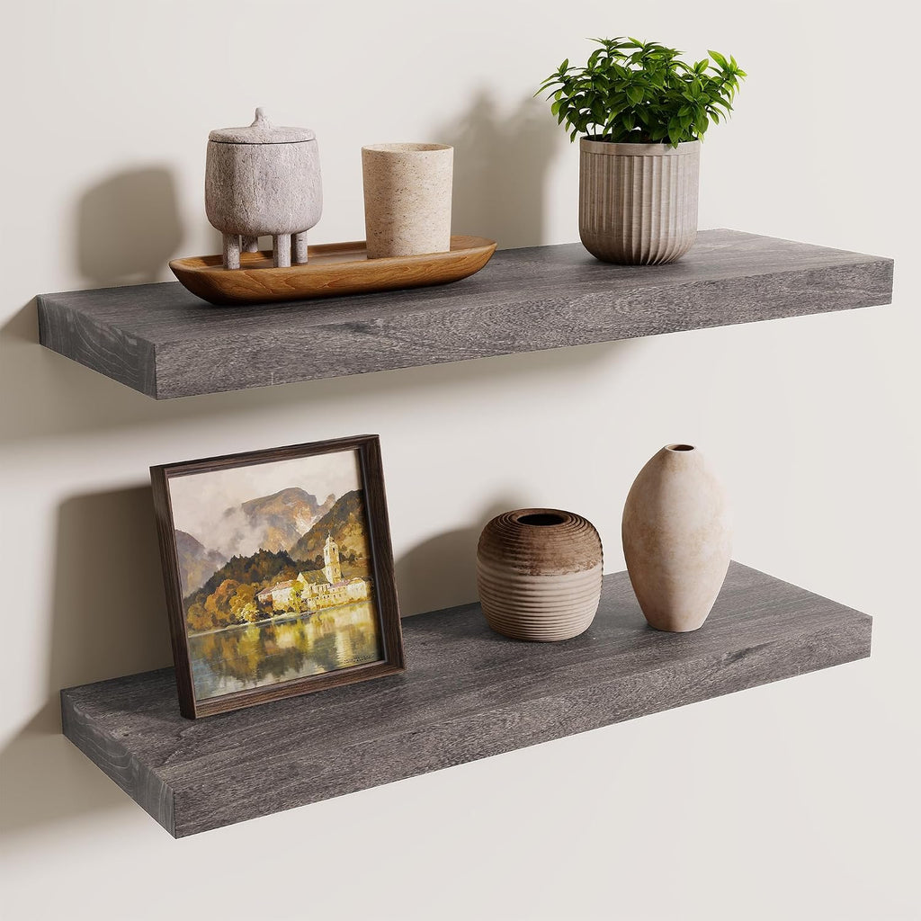 Floating Shelves for Wall, 24in Reclaimed Elm Wood Shelves, Grey, 2PCs
