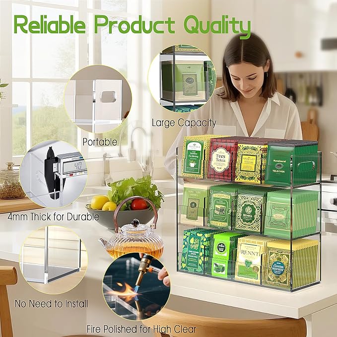 Jumyee 3-Tier Acrylic Tea Bag Organizer & Storage Box, 12 Compartment Portable - Image 2
