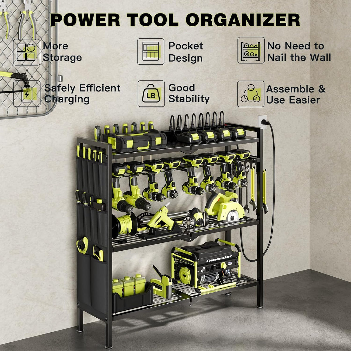 Power Tool Organizer Cart with Charging Station, 8 Drills, Black