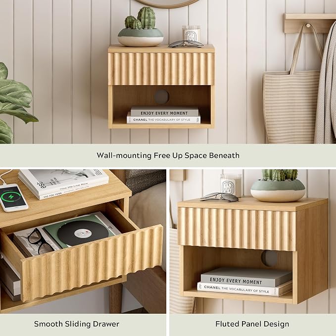 Small Floating Nightstand Set of 2, Modern Fluted Night Stand - Image 3