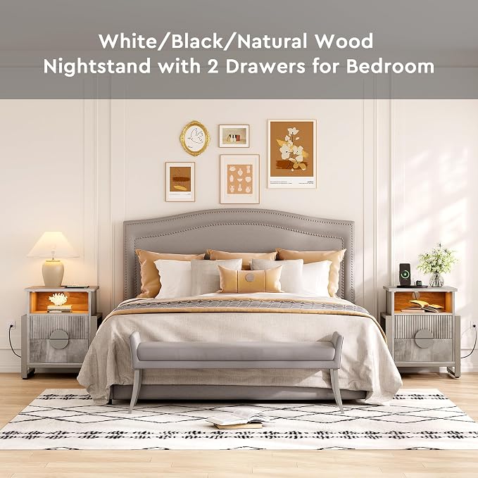 Fluted Nightstand with Charger Station Strip Lights, Large Accent Bed Side - Image 9