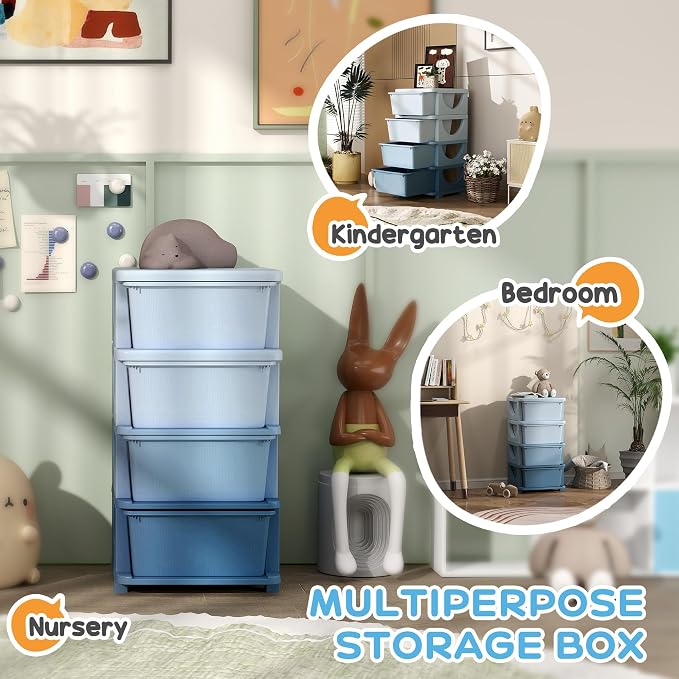 Qaba 4 Tier Kids Storage Unit, 4 Drawer Chest Toy Organizer Plastic Bins - Image 6