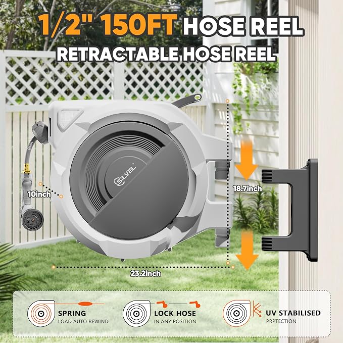 SILVEL Retractable Garden Hose Reel – 1/2 in x 150FT Heavy Duty Automatic Hose - Image 5