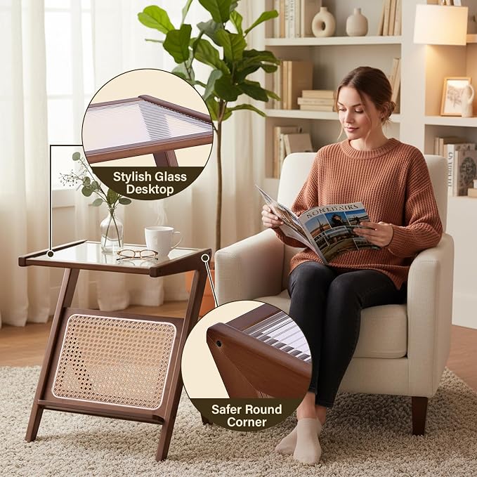 Tiita Rattan Nightstand Side Table, Bamboo Accent Bedside Tables, Glass Coffee - Image 4