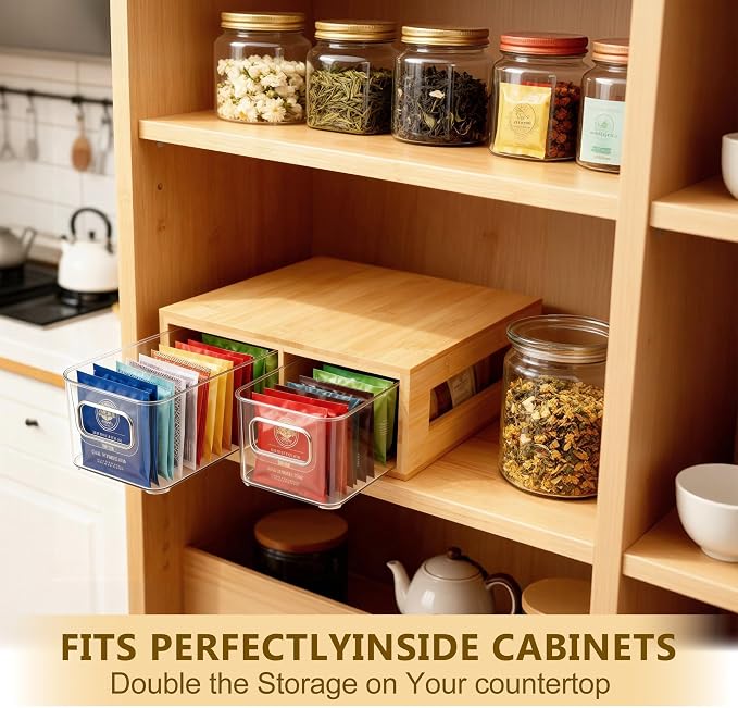 Tea Bag Organizer, Bamboo and Acrylic Drawer Tea Bag Holder Wood Tea Bag Storage - Image 3