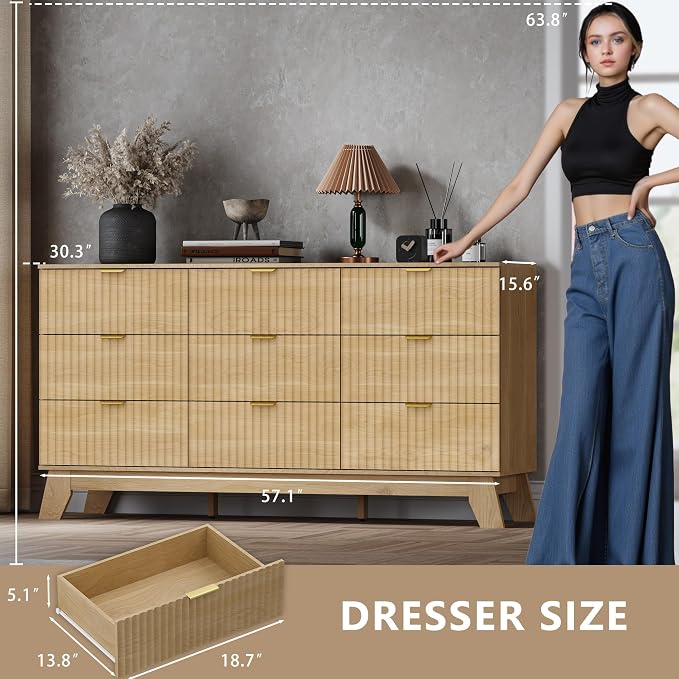 Fluted 9 Drawer Dresser, 57.1" Wide Modern Boho Chest of Drawers, Wooden - Image 2
