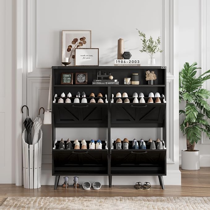 Shoe Cabinet with 4 Flip Drawers, Farmhouse Shoe Storage Cabinet - Image 6