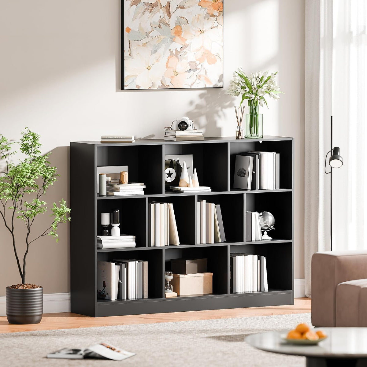 Black Bookshelf, 3-Tier Open Shelf Bookcase, 10 Cube Storage Organizer