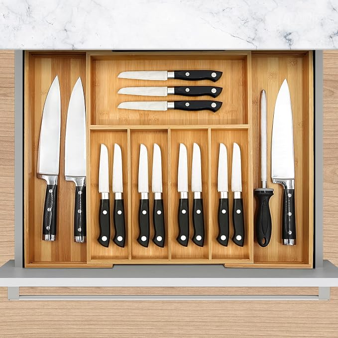 VaeFae Premium Bamboo Drawer Organizer, Expandable Silverware Drawer Organizer - Image 2
