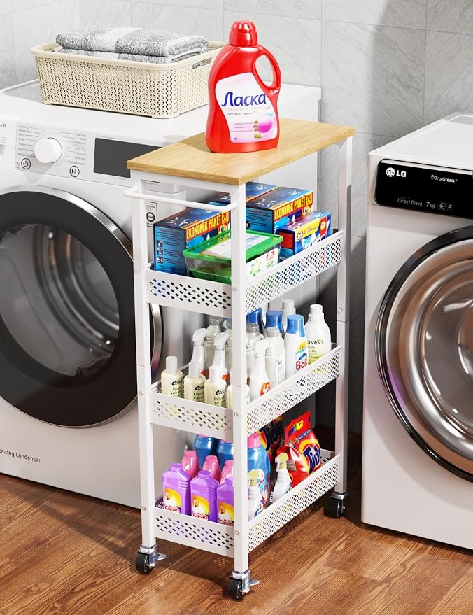 Utility Slim Storage Cart, 4-Tier Narrow Bathroom Organizers and Storage Cart by OKZEST