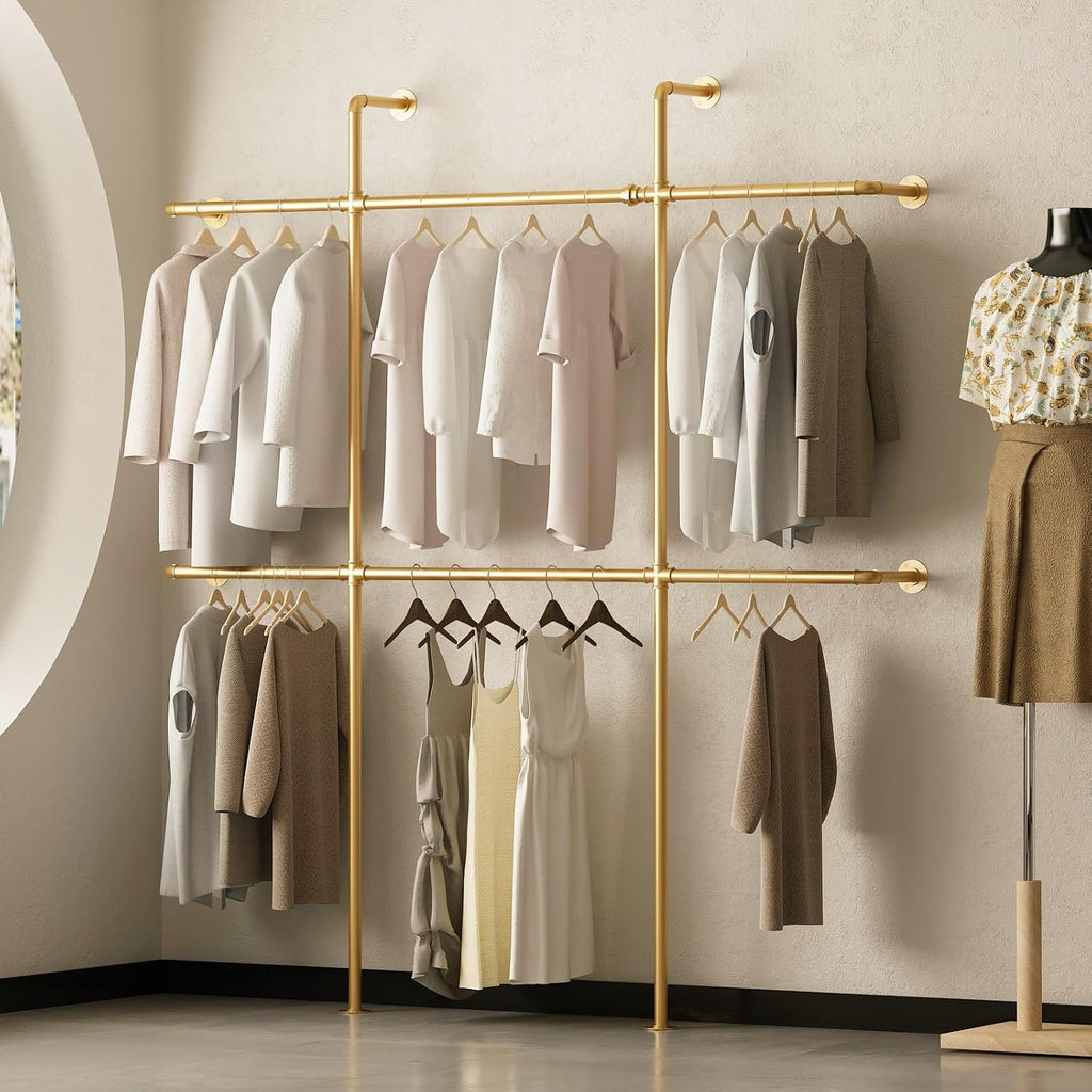 Gold Pipe Clothing Rack Wall Mounted, Industrial Pipe Clothes Racks