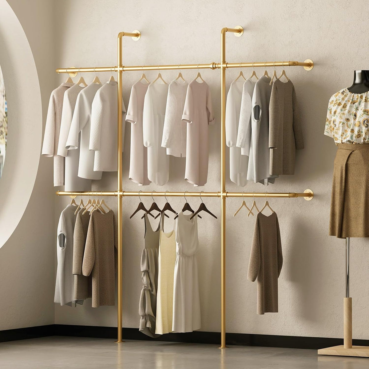 Gold Pipe Clothing Rack Wall Mounted, Industrial Pipe Clothes Racks