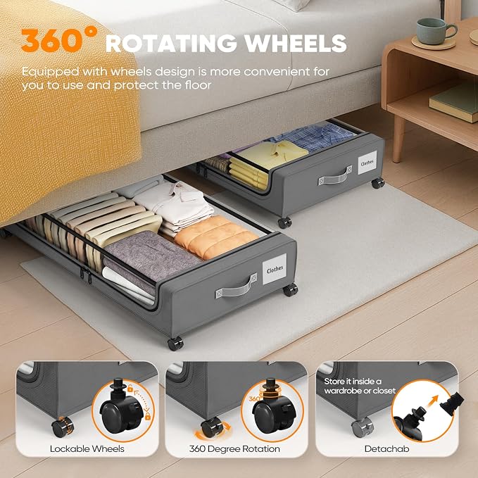 Camkey® Under Bed Storage with 360° Wheels, 60L Low-Profile Rolling Underbed - Image 4