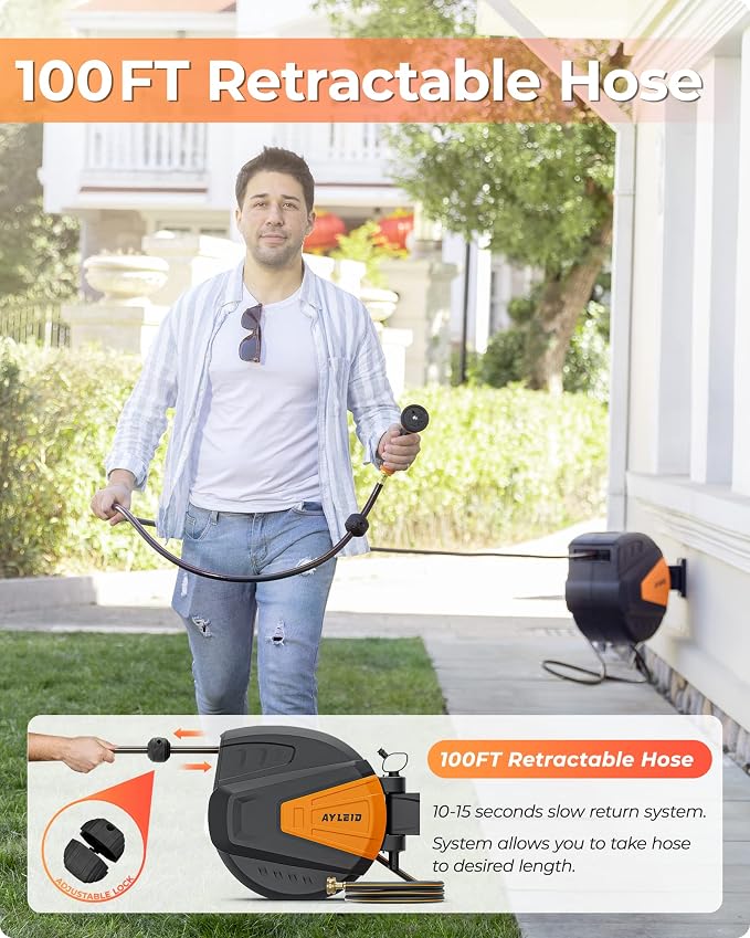 Ayleid Retractable Garden Hose Reel, 1/2 in x 100 ft Wall Mounted Hose Reel - Image 3