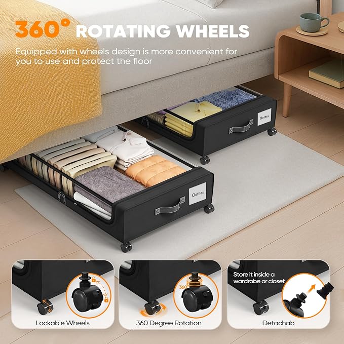 Camkey® Under Bed Storage with 360° Wheels, 60L Low-Profile Rolling Underbed - Image 4