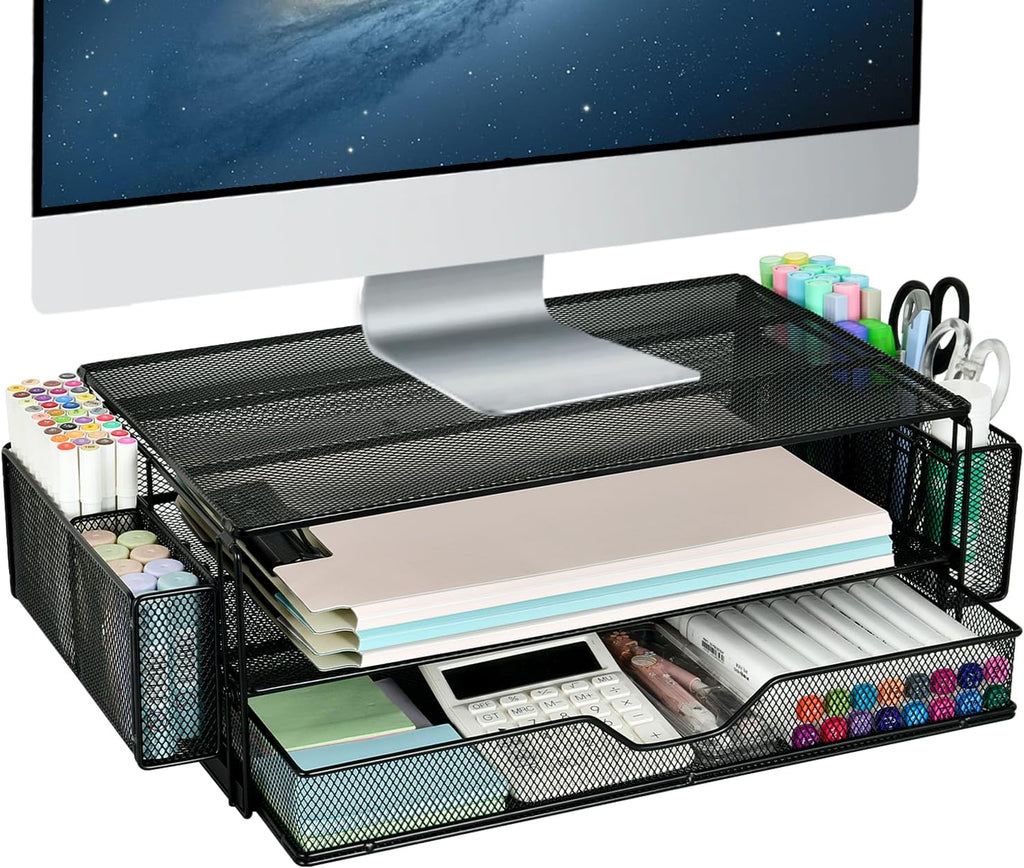 2 Tier Computer Monitor Stands with Drawer and 2 Pencil Holder, Metal