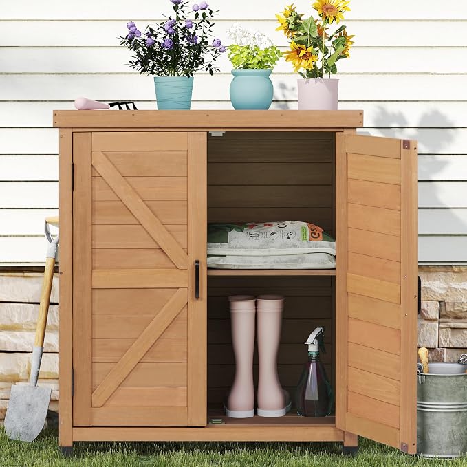 Outdoor Potting Bench with Storage Cabinet and Metal Top, Wood Workstation by Wood-Natrl