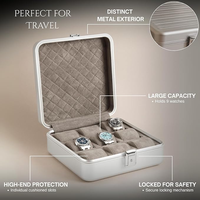 Bey-Berk Prague Aluminum Watch Case in Silver – 9-Slot Locking Travel Box - Image 3