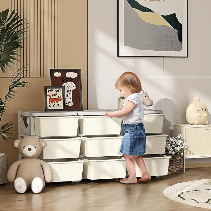 Qaba 3 Tier Kids Storage Unit, 9 Drawer Chest Toy Organizer Plastic Bins - Image 2