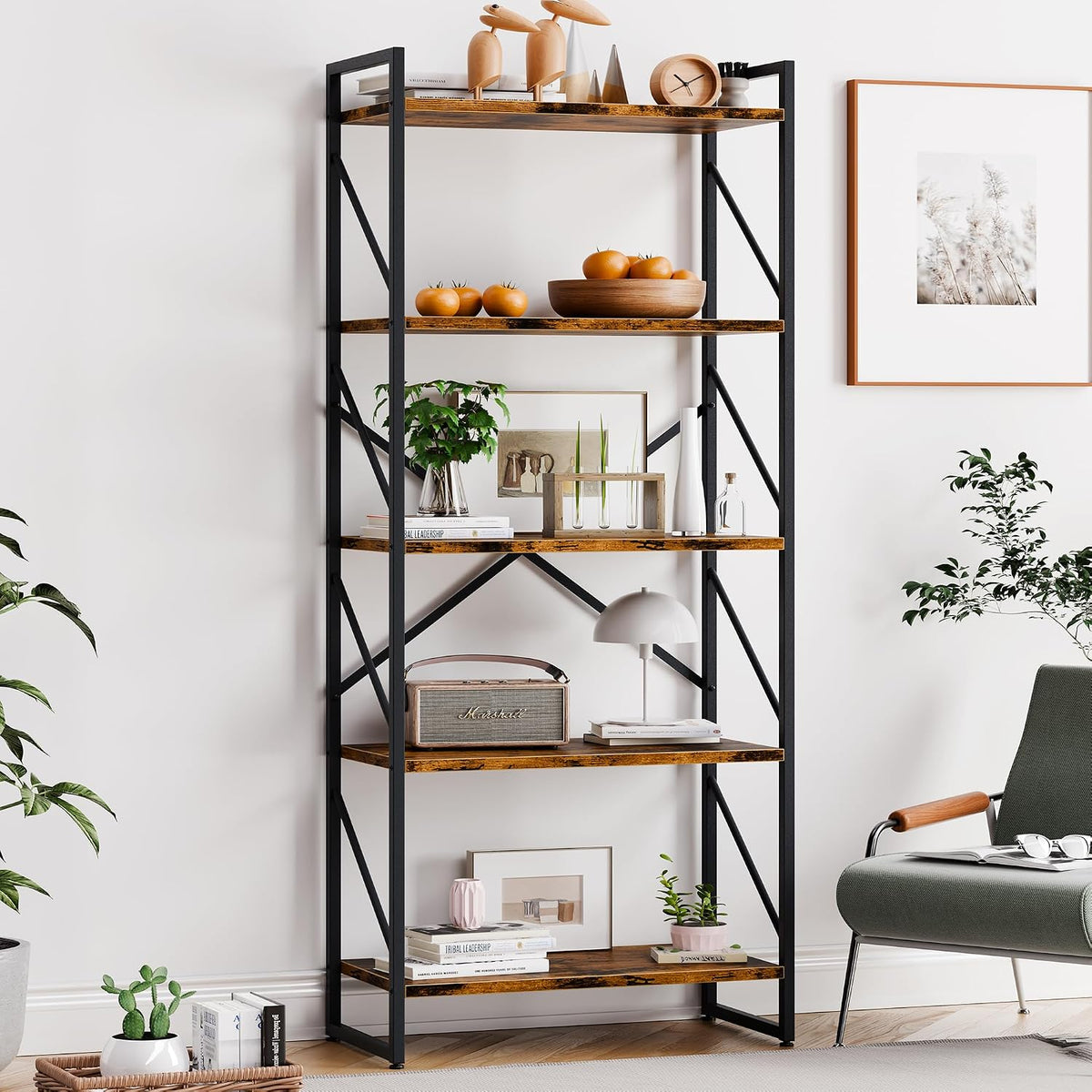 Vongrasig 5 Tier Metal Bookshelf, Narrow Industrial Bookcase, Walnut