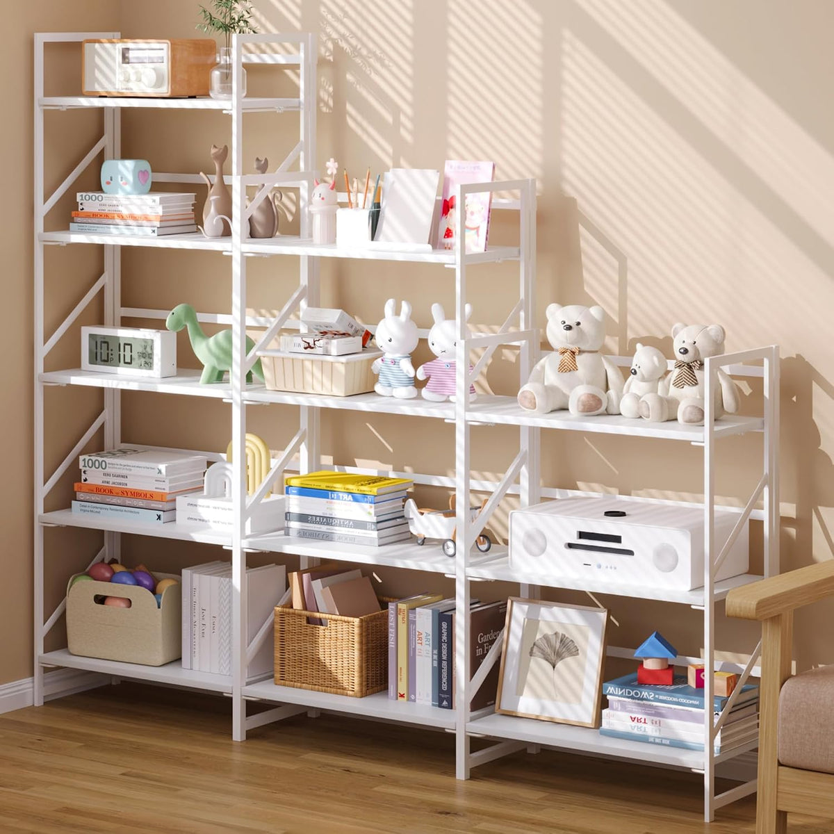 JSB No Assembly Folding Bookshelf, 4 Tier Industrial Metal Book Shelf
