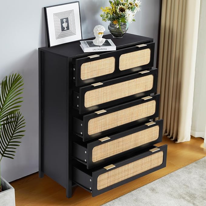LEVNARY 5 Drawer Chest Dresser, Rattan Tall Dresser 5 Chest of Drawers Dressers - Image 3