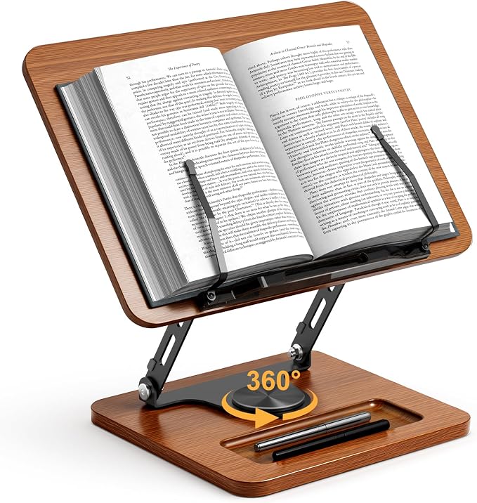 Book Stand for Reading, 360° Rotating Hands Free Book Holder, Adjustable Height by OPTIXCELL
