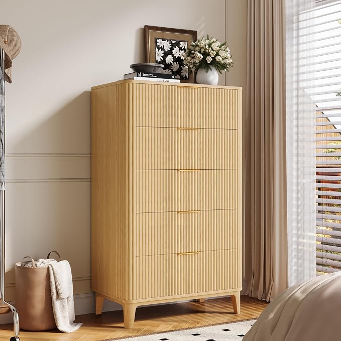 Fluted 5 Drawers Dresser for Bedroom, Farmhouse Wooden Vertical Dresser - Image 3